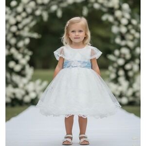 White Lace Flower Girl Dress 5T Blue Sash Pearls Baptism‎ Wedding Gown